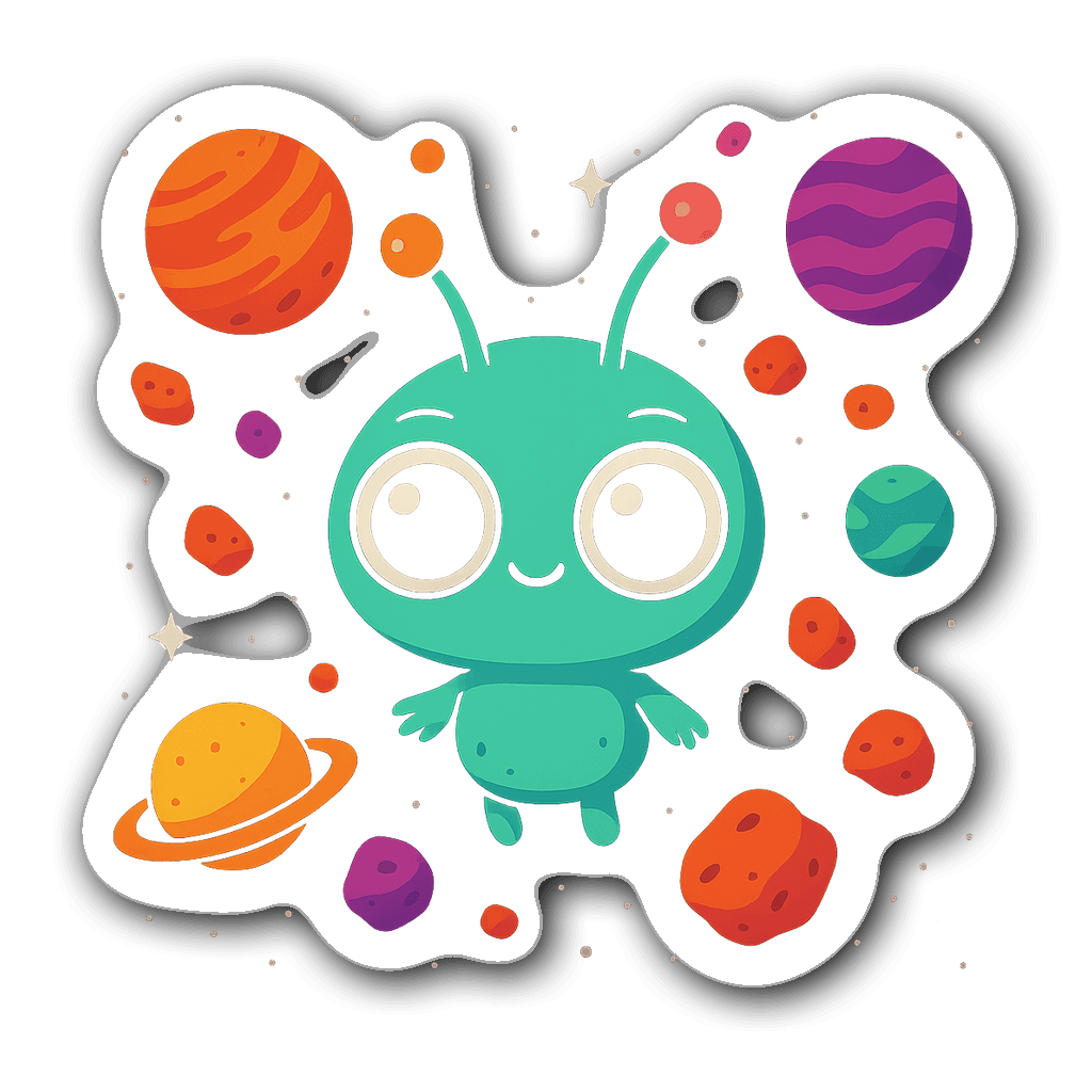 A whimsical alien with big eyes and colorful antennas floating in space