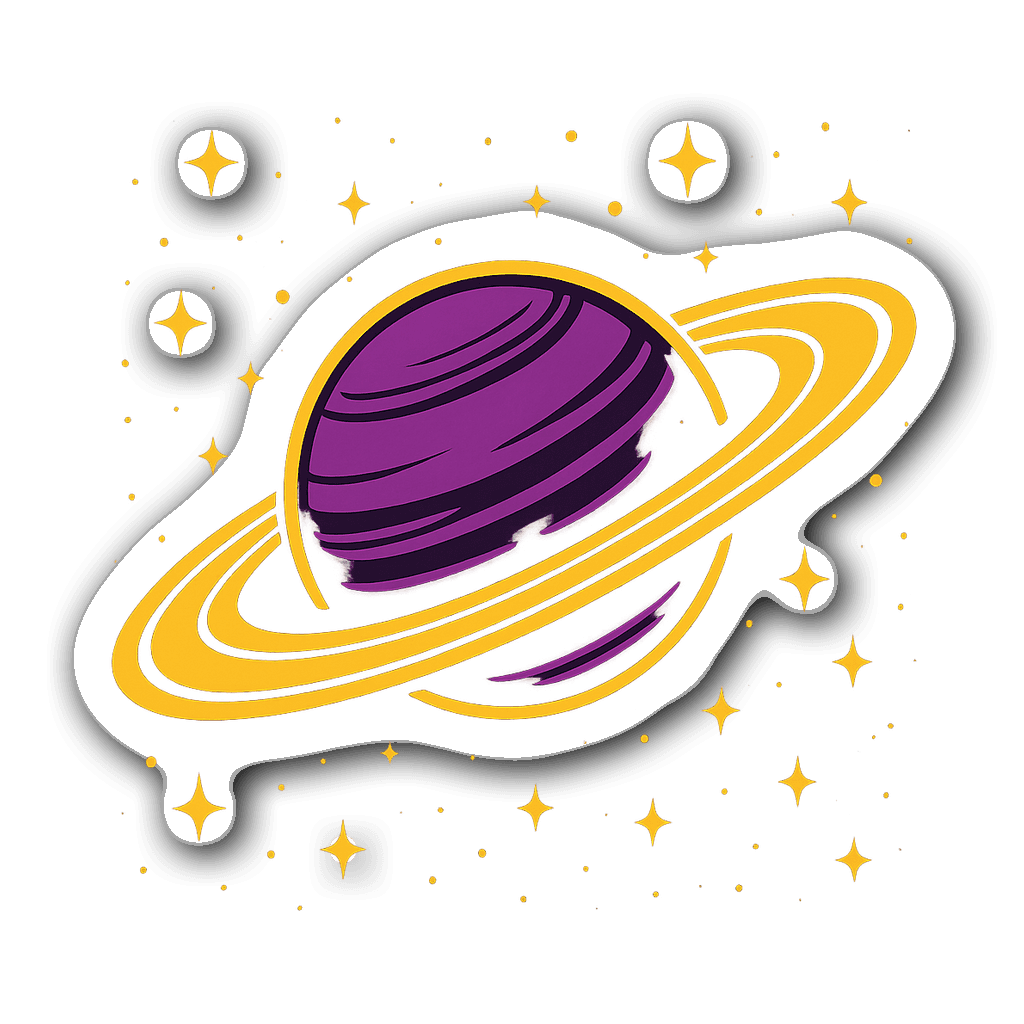 Stylized Saturn planet sticker with gold and purple shades