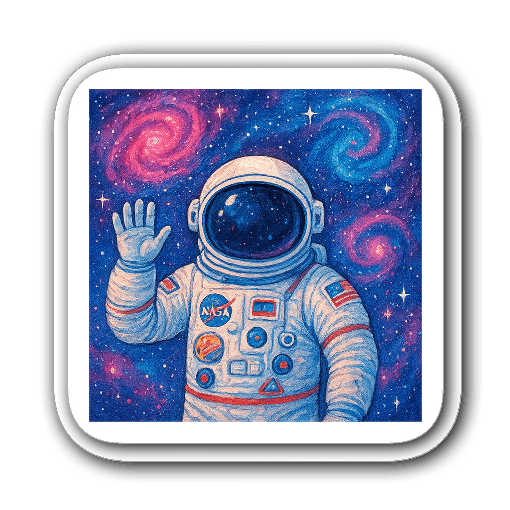 Vinyl sticker of a happy astronaut in a colorful space suit