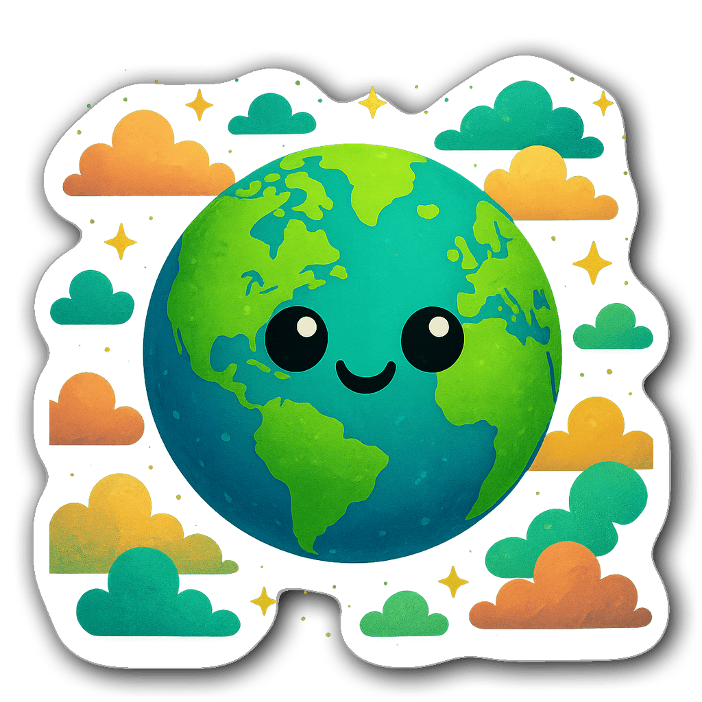 Cute planet Earth sticker with cartoon eyes and colorful clouds