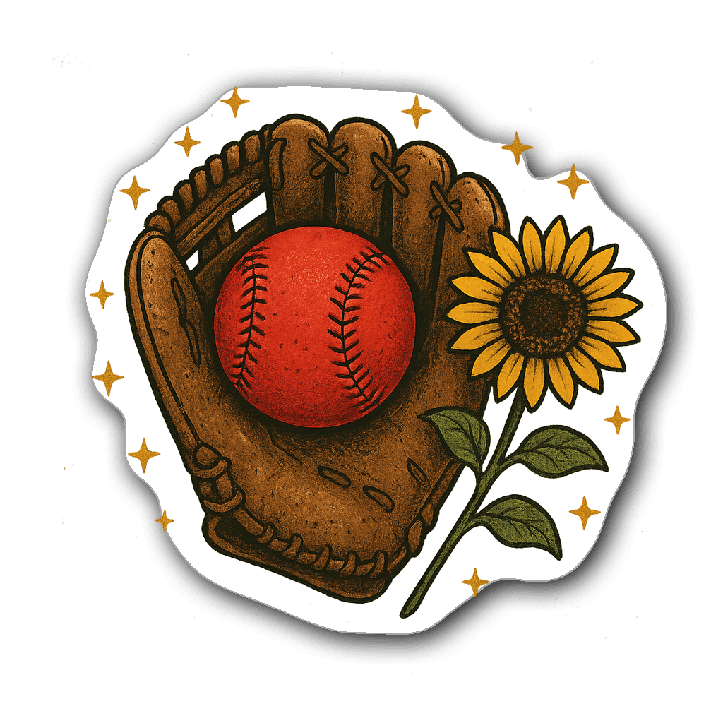 Vintage baseball glove with red baseball and sunflower design
