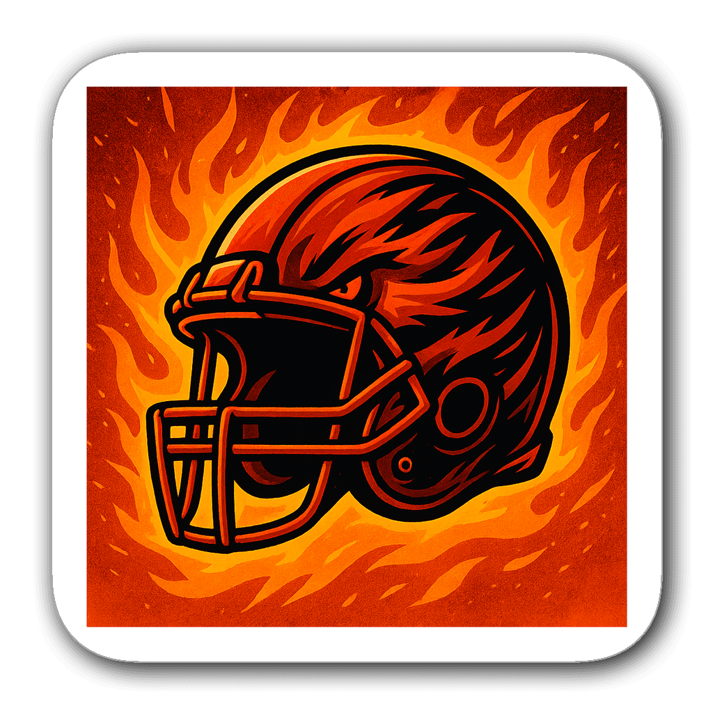 Illustrated football helmet sticker with flames