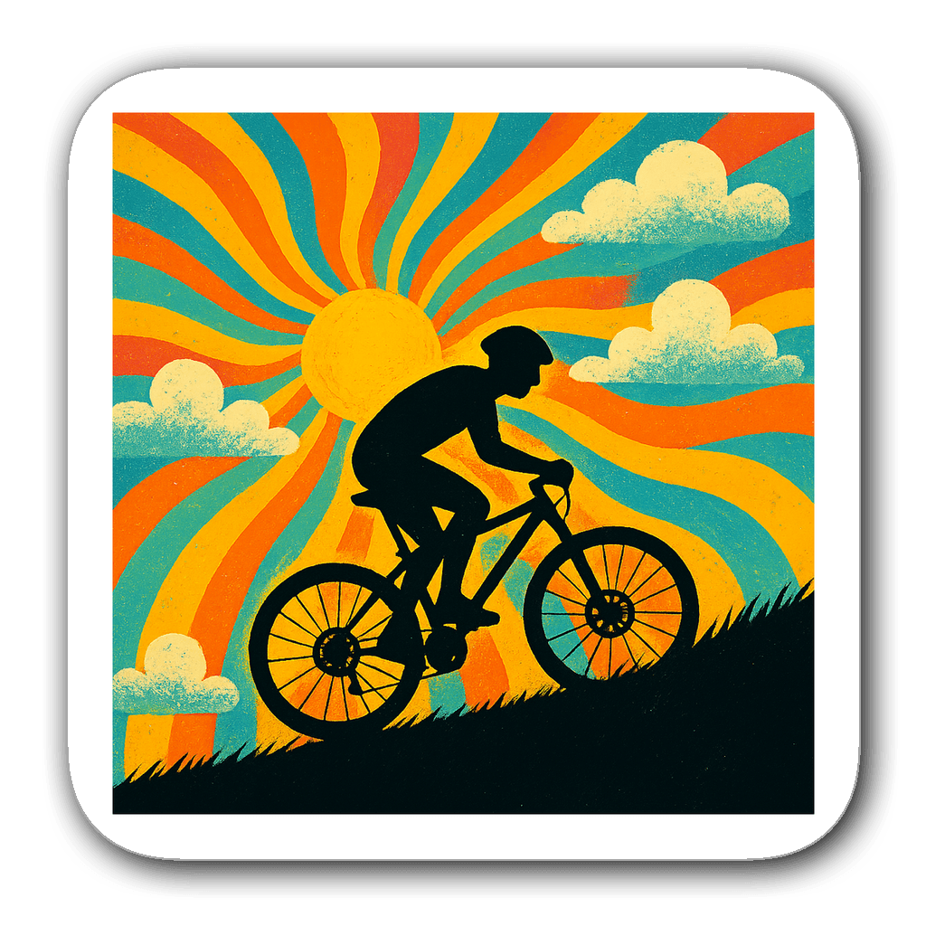 Playful silhouette of a cyclist racing with colorful sunrays