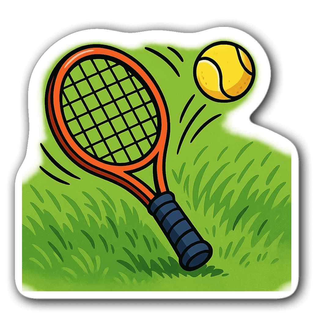 Whimsical tennis racket and ball sticker illustration