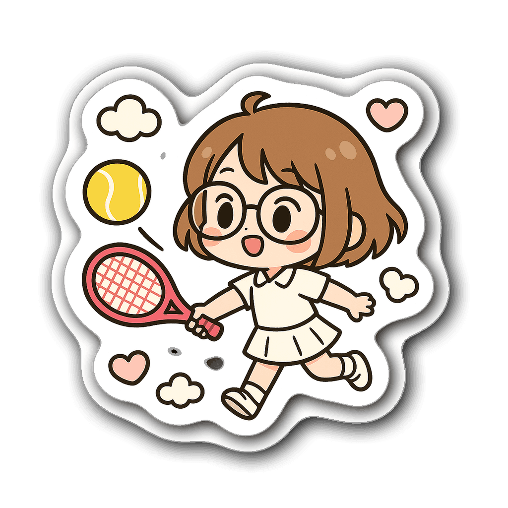 Cute chibi tennis player with oversized glasses and hearts