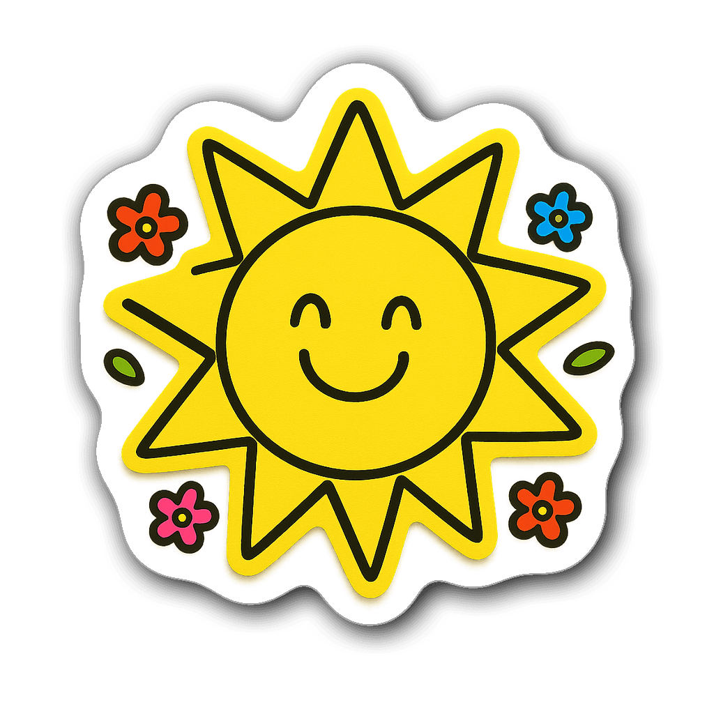Bright yellow sticky note shaped like a sun with a face.