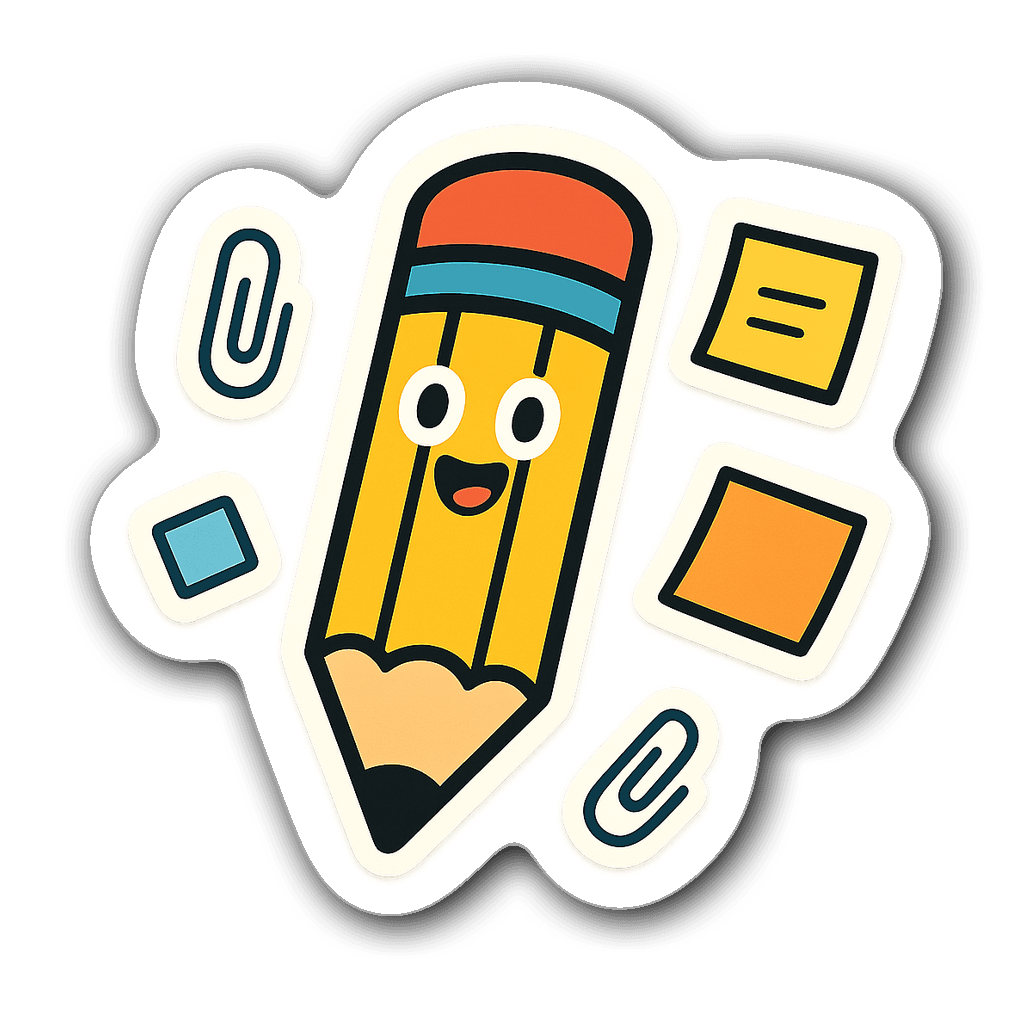 A whimsical pencil shaped sticky note in bright colors with doodles