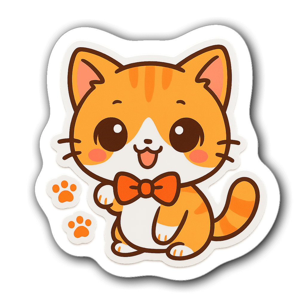 Kawaii chibi cat sticker with big eyes and bowtie