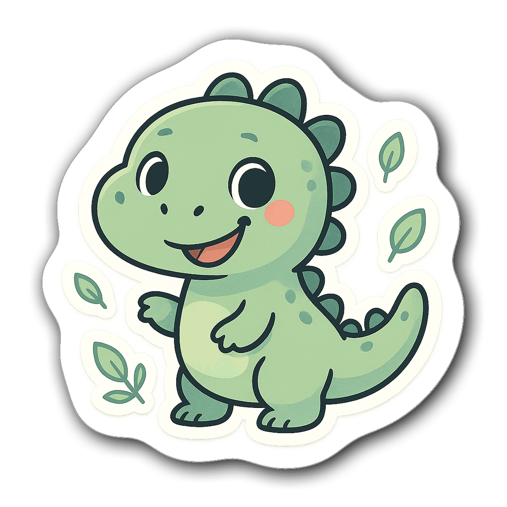 Kawaii chibi dinosaur sticker with big eyes and leaves