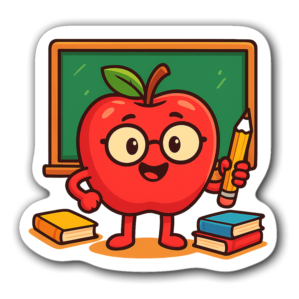 Cheerful cartoon apple sticker with glasses and pencil