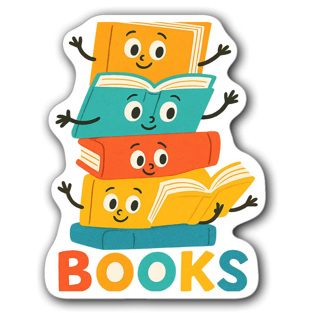 Cute stack of colorful books with animated eyes and arms