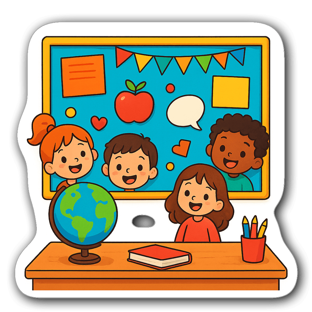 Classroom scene sticker with a desk, globe, and happy children