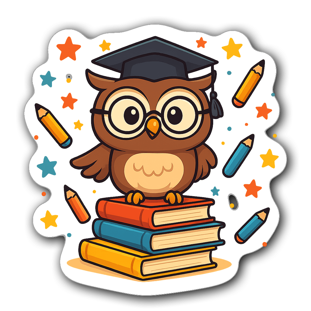 Cartoon owl with graduation cap and glasses on books