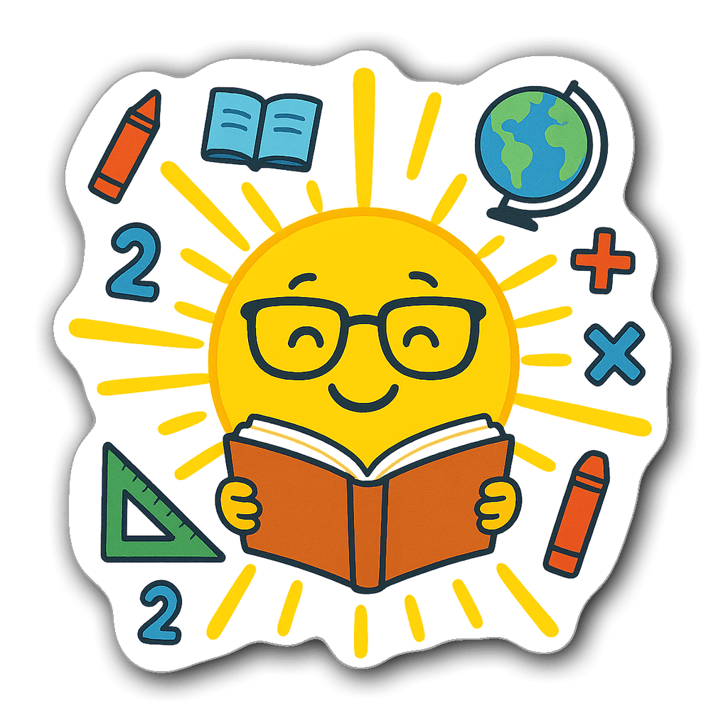 Smiley sun sticker with glasses, reading a book and learning icons