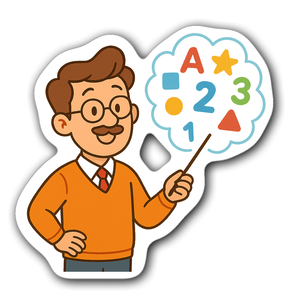 Friendly cartoon teacher with colorful learning icons sticker