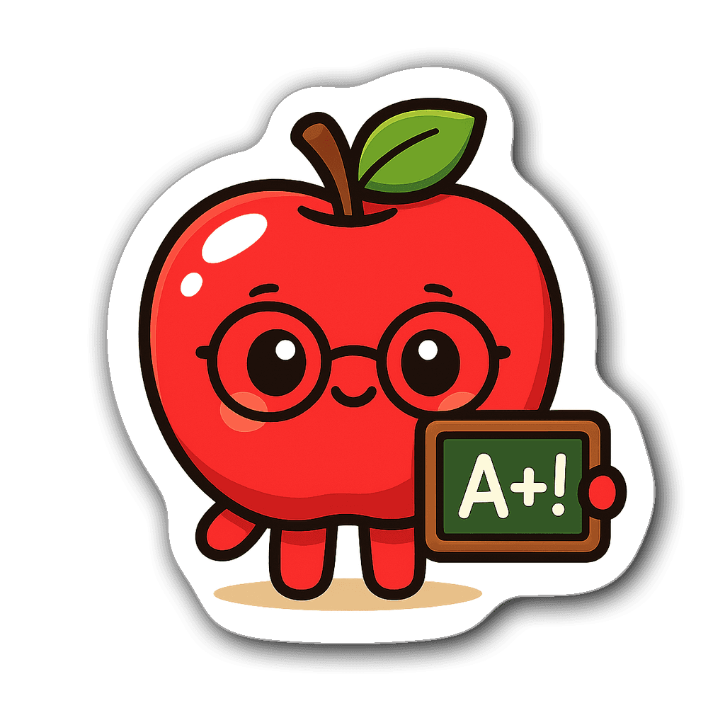 Kawaii chibi-style apple character sticker with glasses and chalkboard