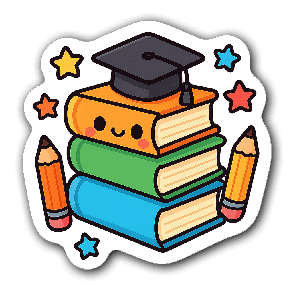 Kawaii chibi-style stack of books with happy face and graduation cap
