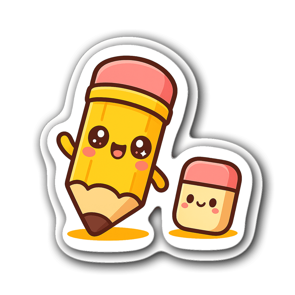 Kawaii chibi-style pencil sticker with big eyes and eraser friend