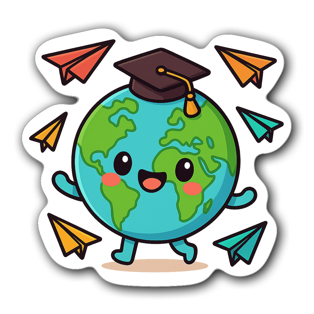 Kawaii chibi-style globe character with teacher's hat and airplanes