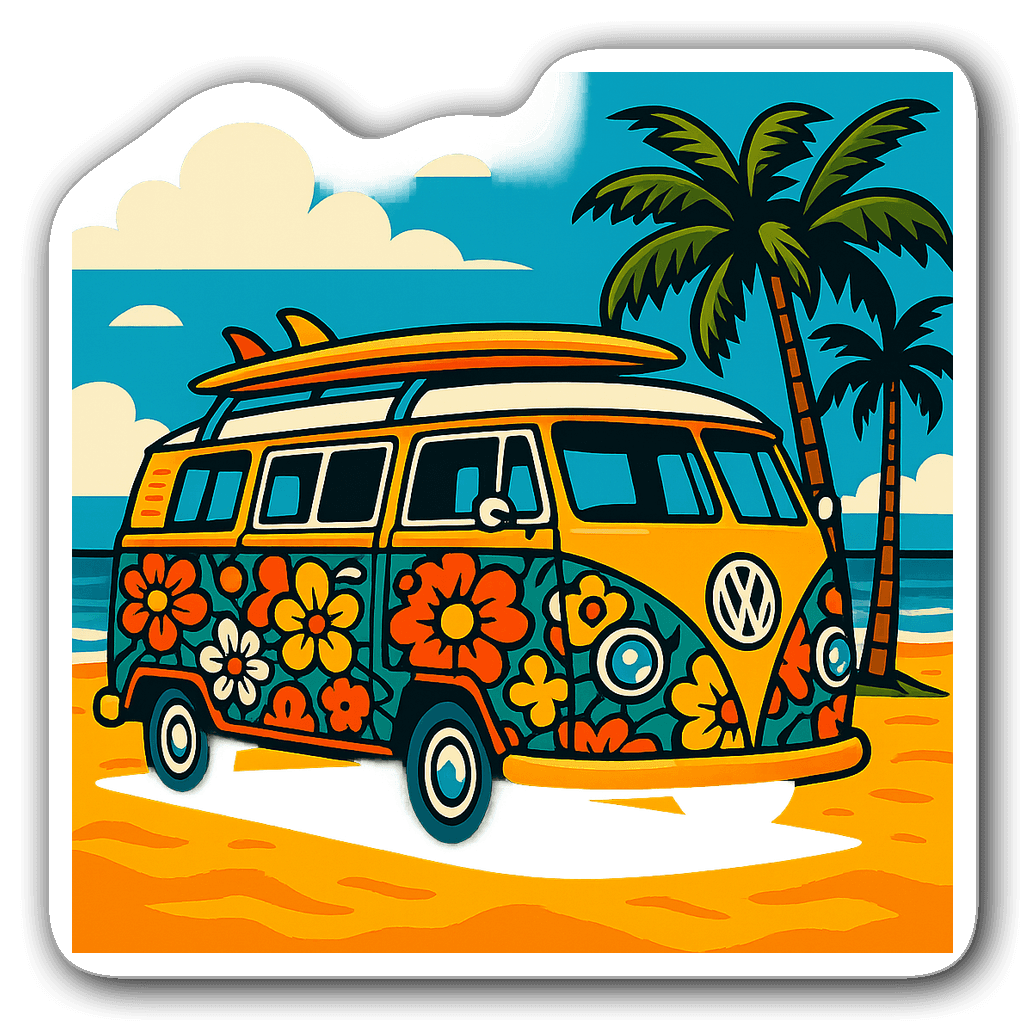 Retro van sticker with floral patterns parked on a beach