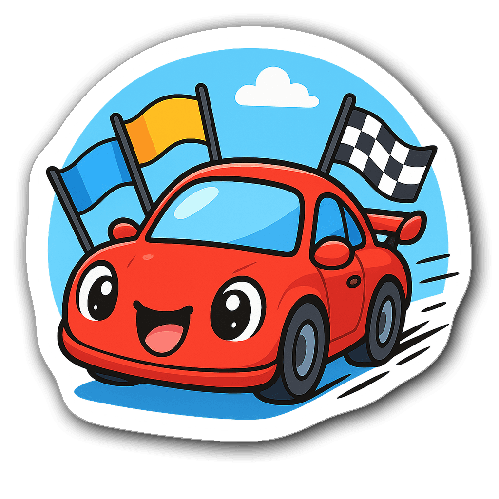 Kawaii chibi-style red race car with big eyes and racing flags