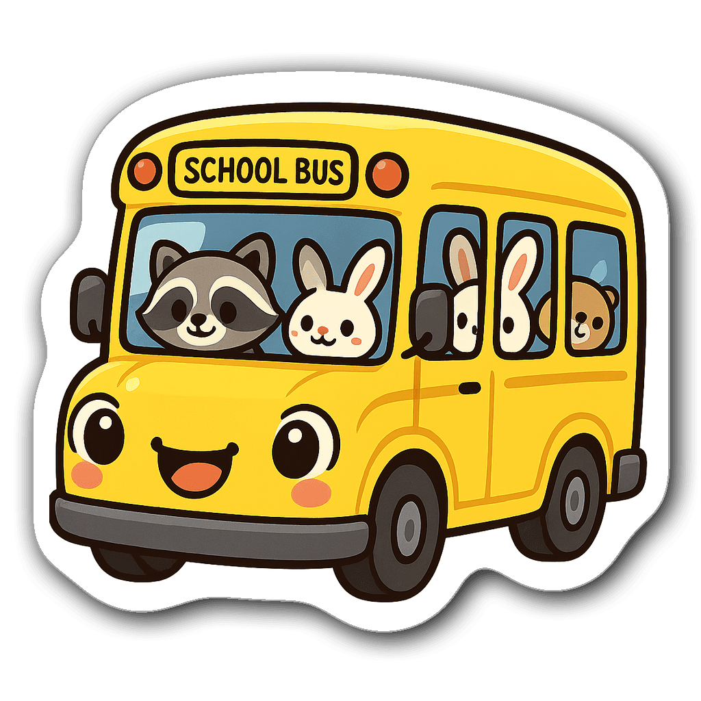 Kawaii chibi school bus with big eyes and animal passengers