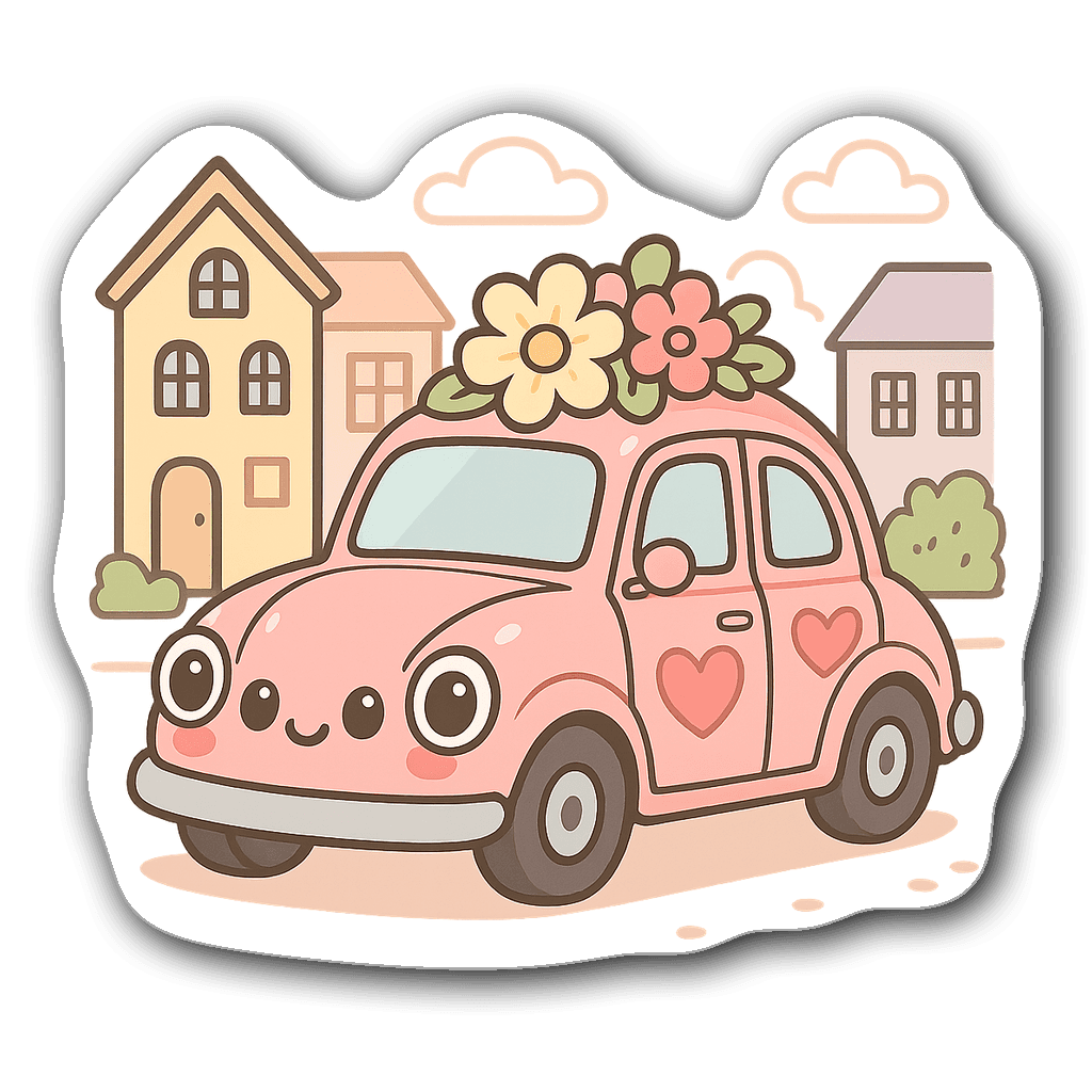 Kawaii chibi-style pink vintage car with flowers and hearts