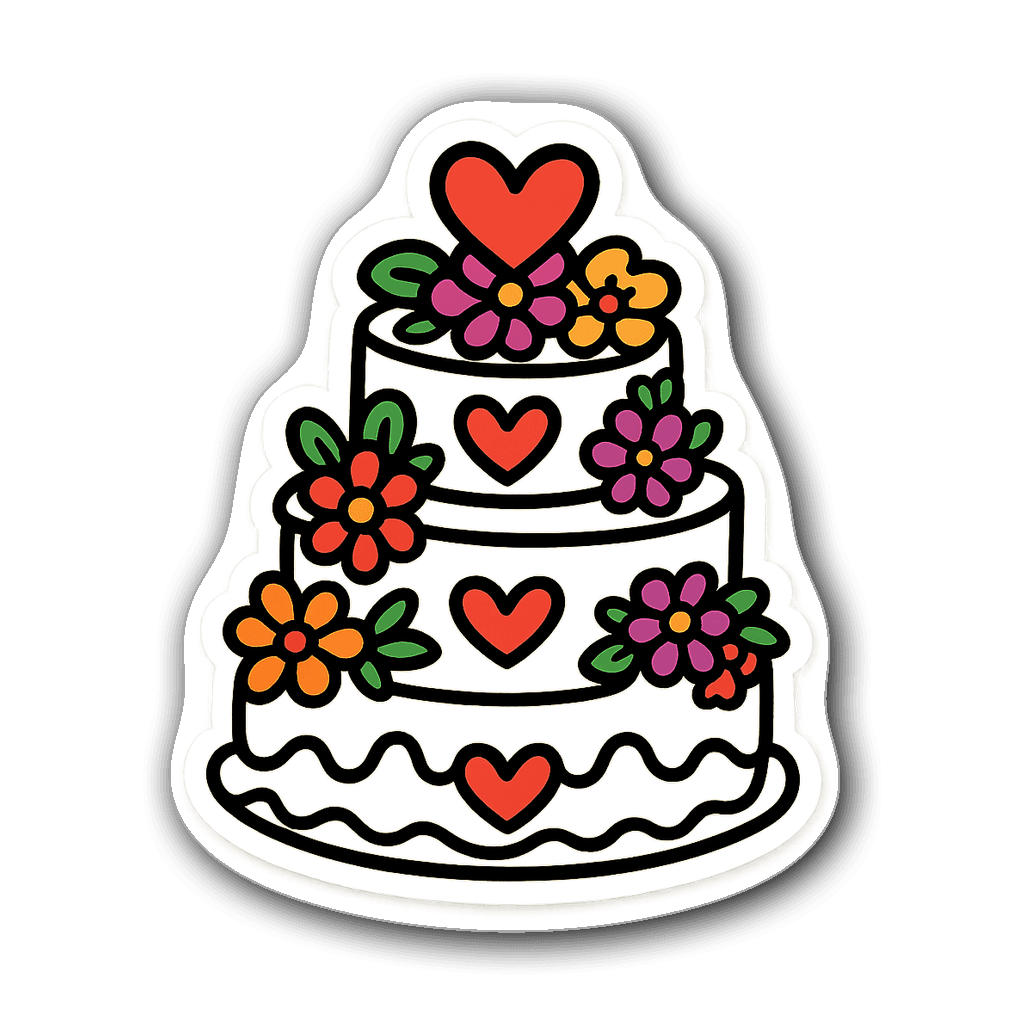 A whimsical wedding cake sticker with three tiers and flowers