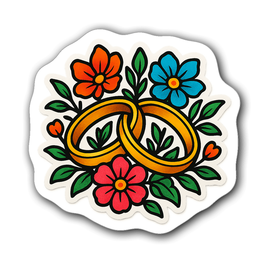Vinyl sticker of intertwined wedding rings with floral designs
