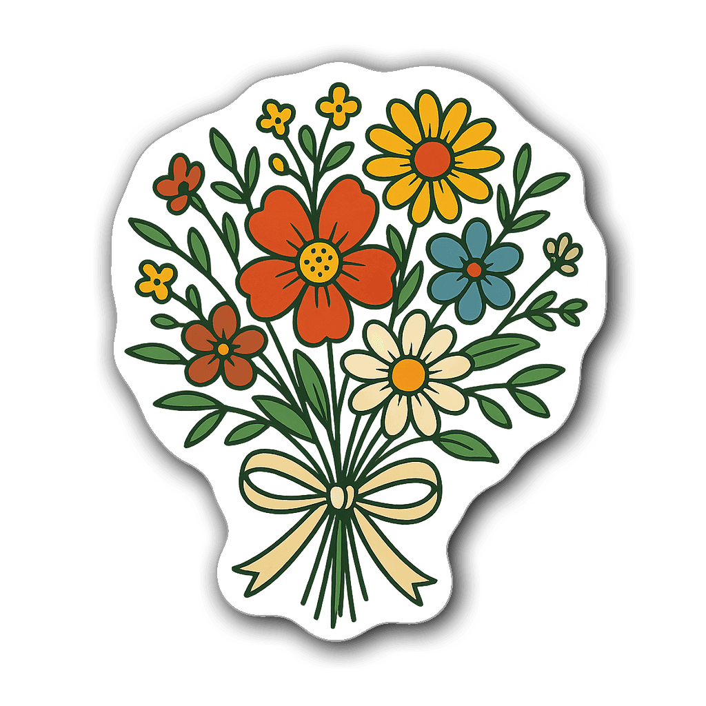 Vintage-style bouquet of colorful wildflowers with ribbon