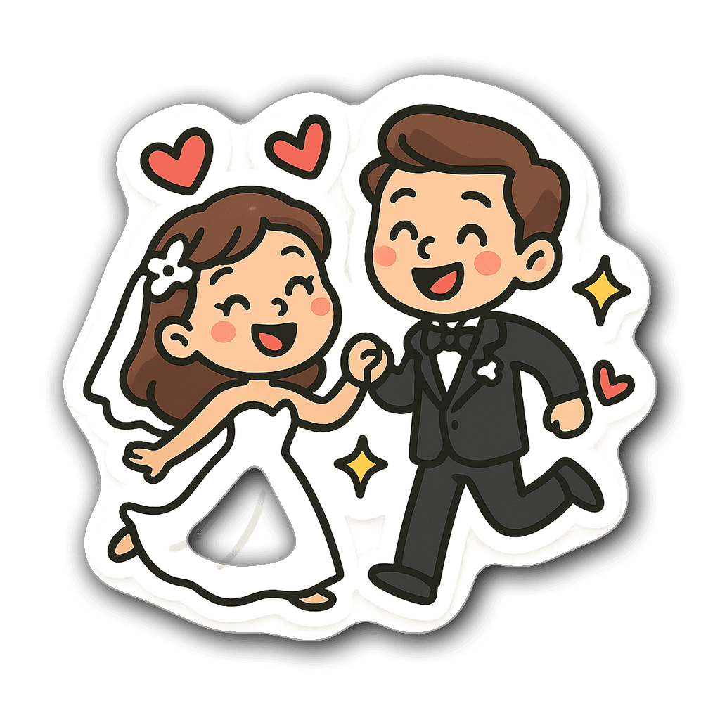 Cartoon bride and groom surrounded by hearts and stars sticker