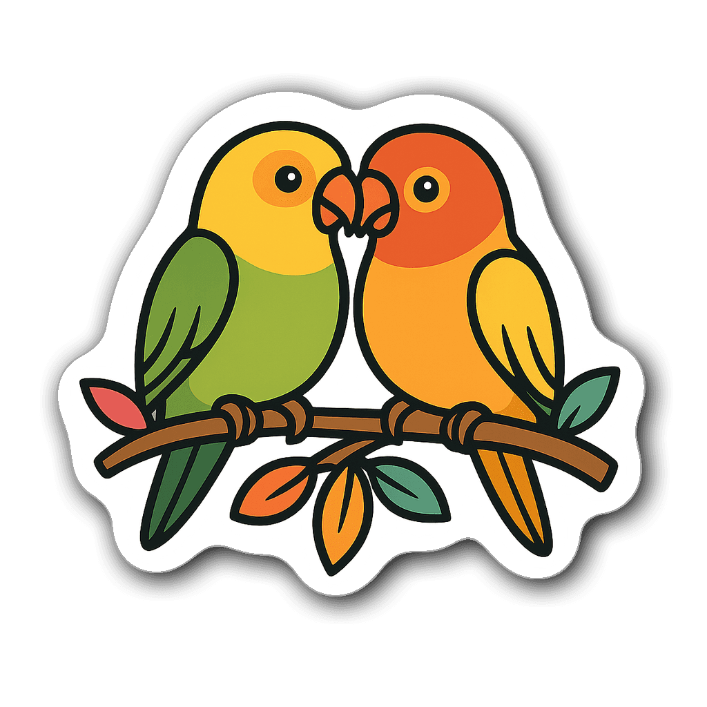 Lovebirds perched on a colorful branch for wedding decor