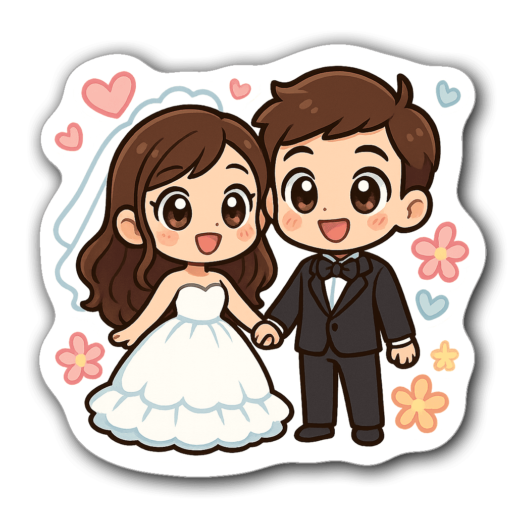 Cute chibi bride and groom holding hands with hearts and flowers