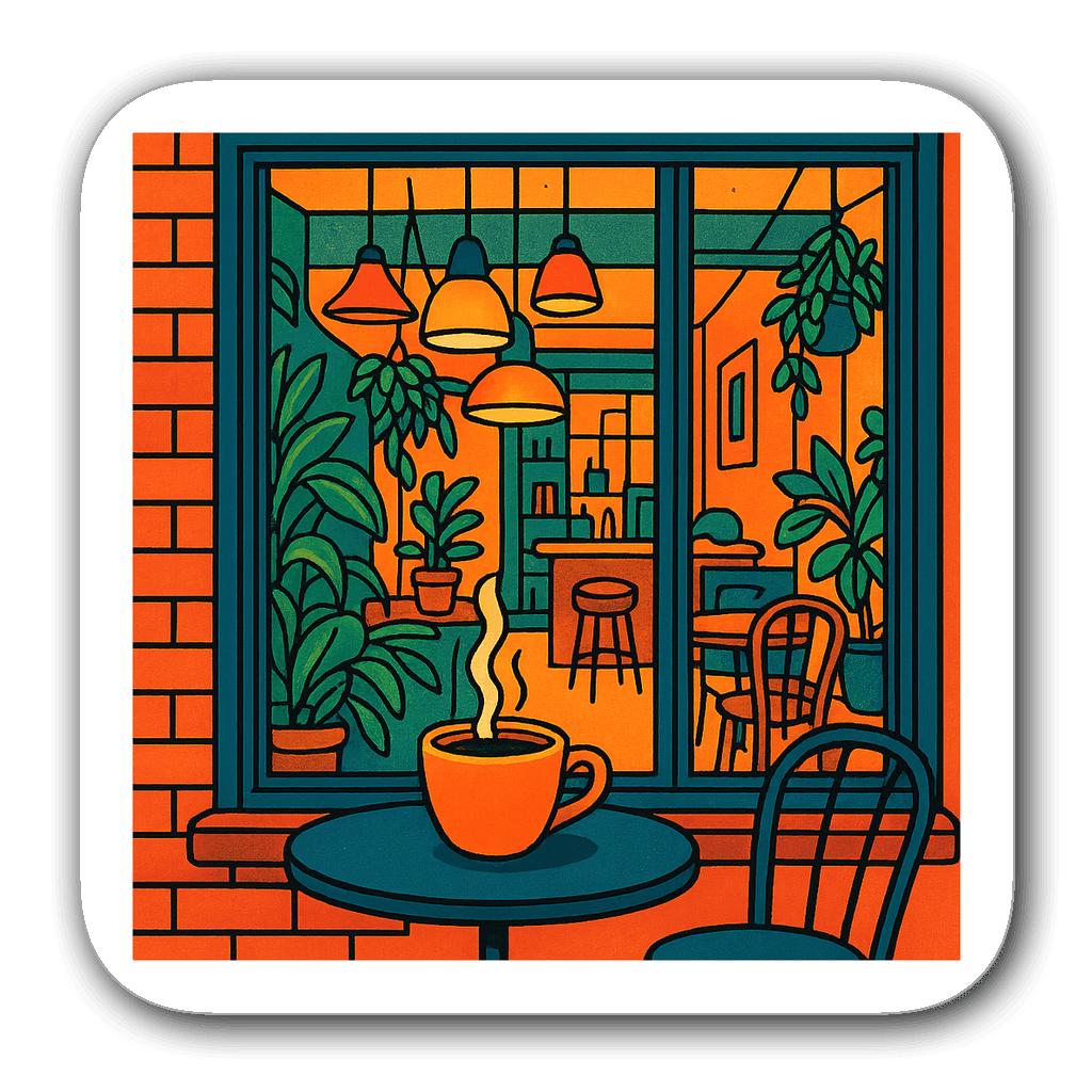 Vibrant window decal of a cozy café with plants and lights