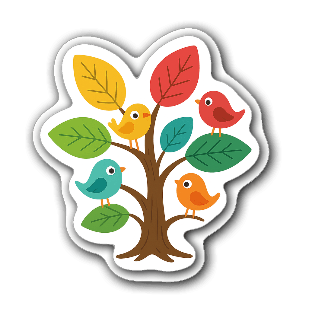 Colorful whimsical tree with birds for window decor