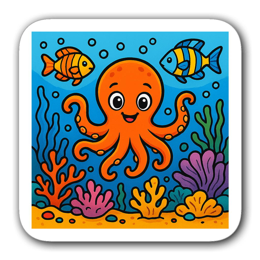Cheerful octopus swimming among colorful coral and fish