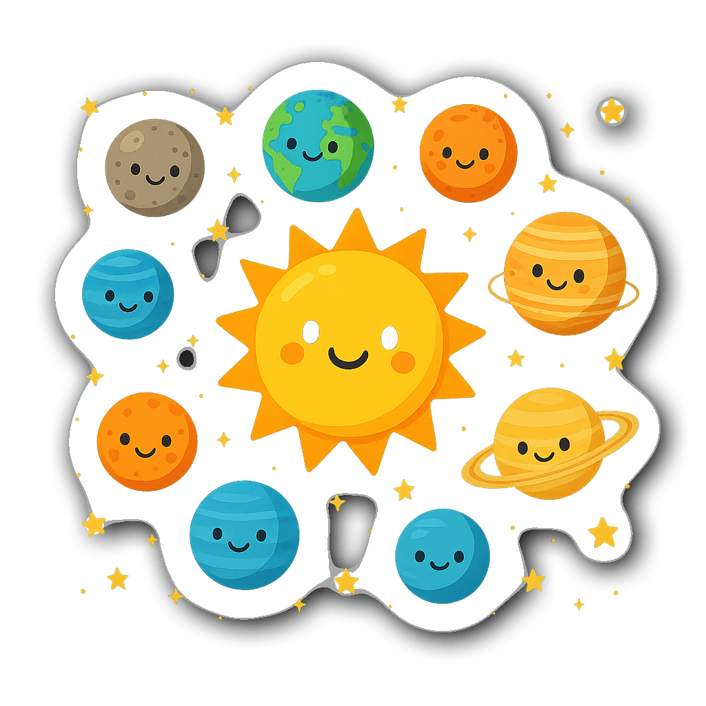 Bright solar system design with cartoon planets and sun