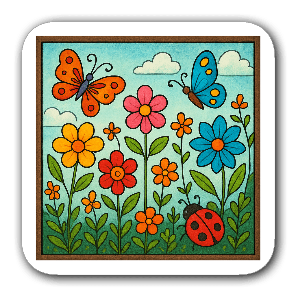 Charming outdoor garden scene with colorful flowers, butterflies, and a ladybug