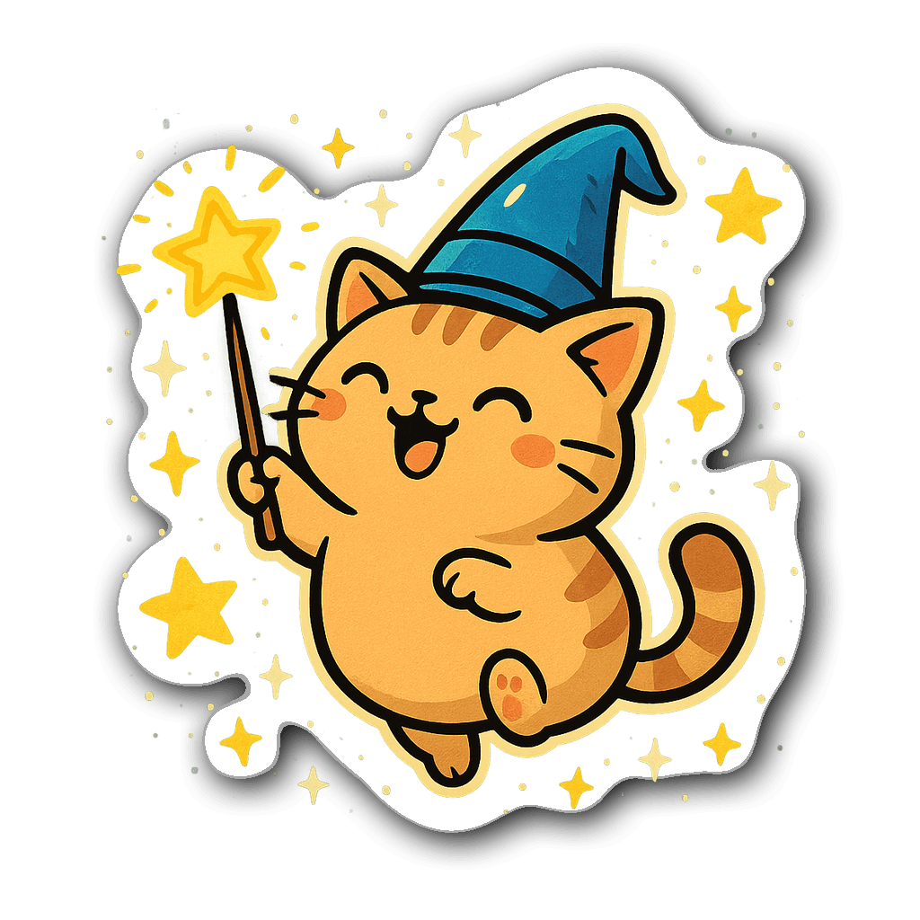 Kawaii chubby cat in wizard hat floating among stars
