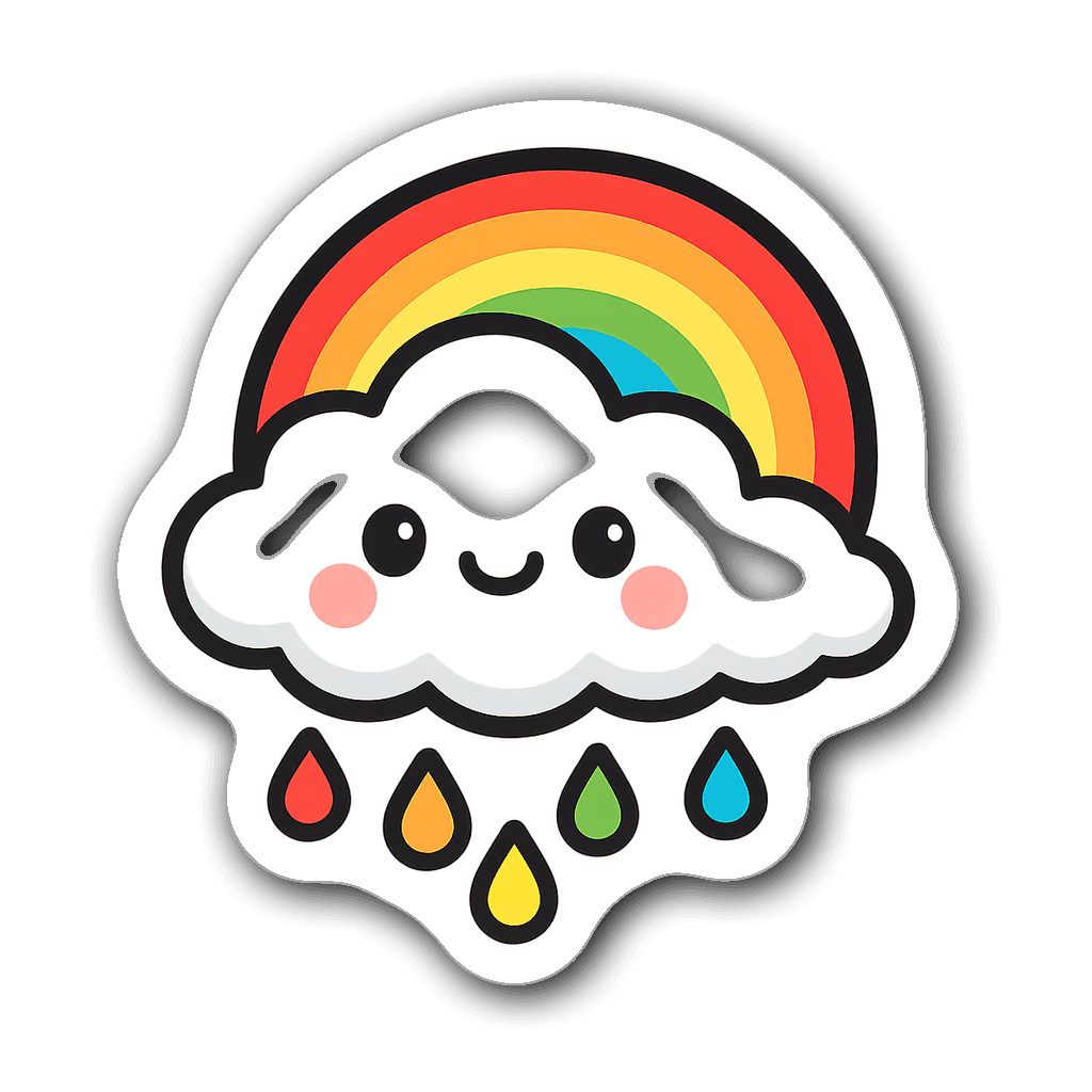 Cute kawaii chibi cloud with rainbow and raindrops