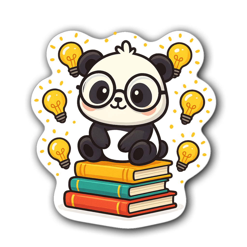 Chibi panda wearing glasses atop colorful books with lightbulbs