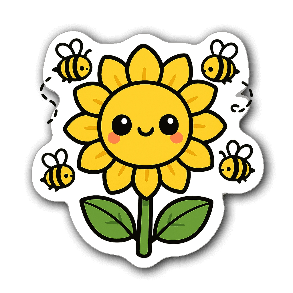 Chibi sunflower with big eyes and cute facial expression surrounded by bees.