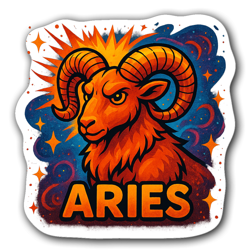 Vibrant Aries zodiac sign sticker with a cartoonish ram and stars.