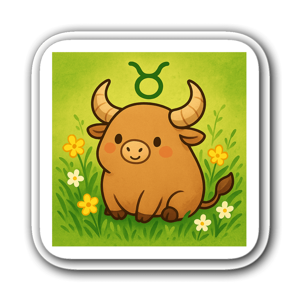 Playful Taurus zodiac symbol sticker with a cute bull and flowers