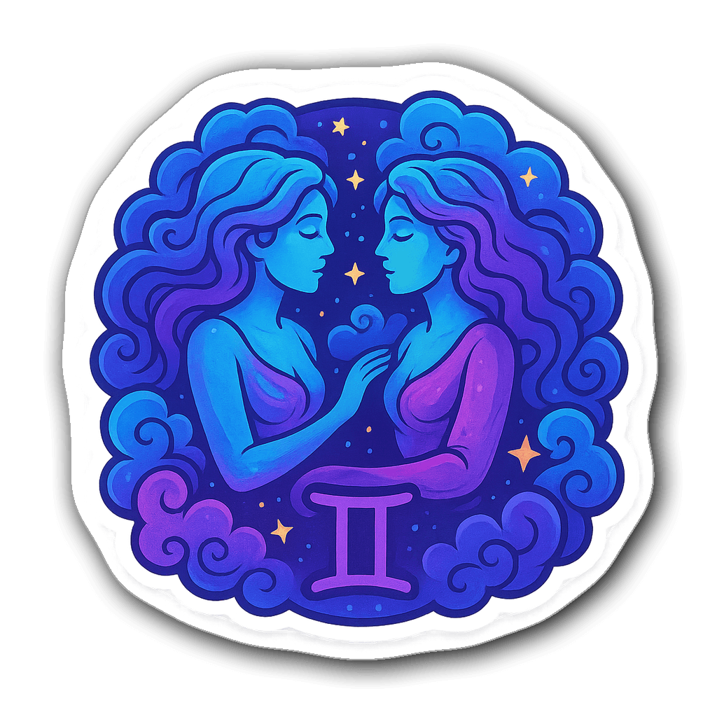 Colorful Gemini sticker design with twin figures and stars