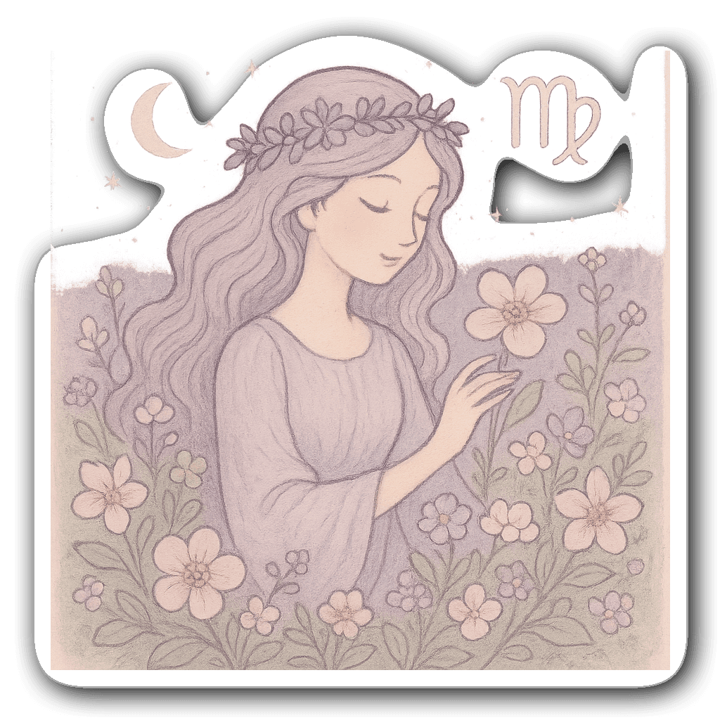 Whimsical Virgo zodiac illustration with flowers and stars