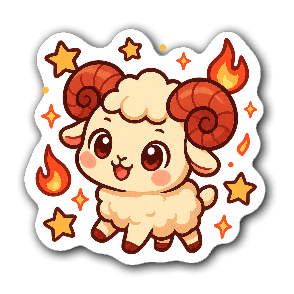 Kawaii chibi Aries character sticker with big eyes and stars