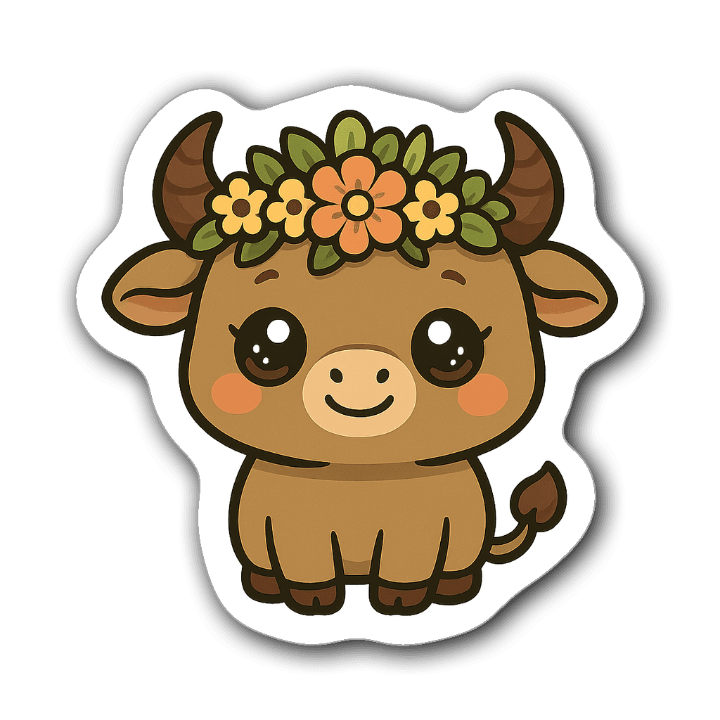 Kawaii chibi Taurus sticker featuring a small bull with flowers