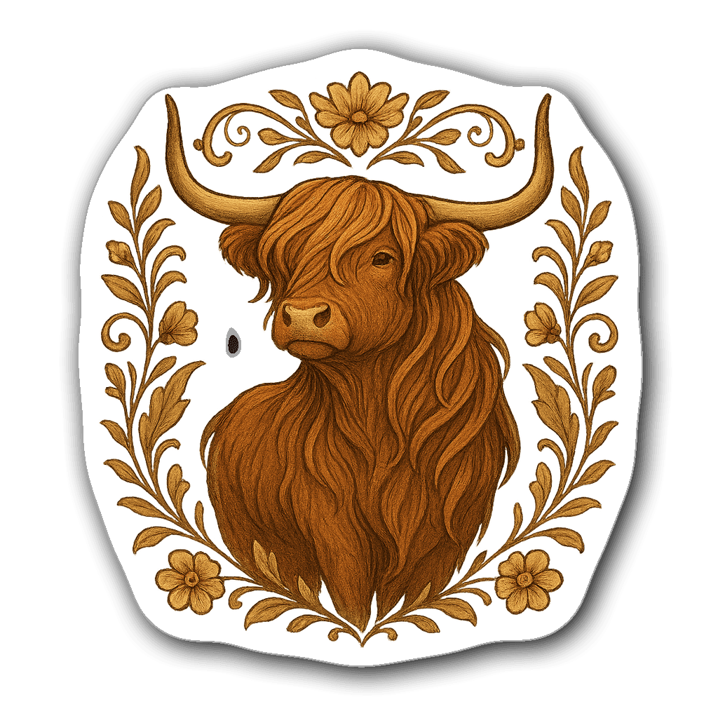 Highland cow sticker with floral frame in caramel and bronze shades