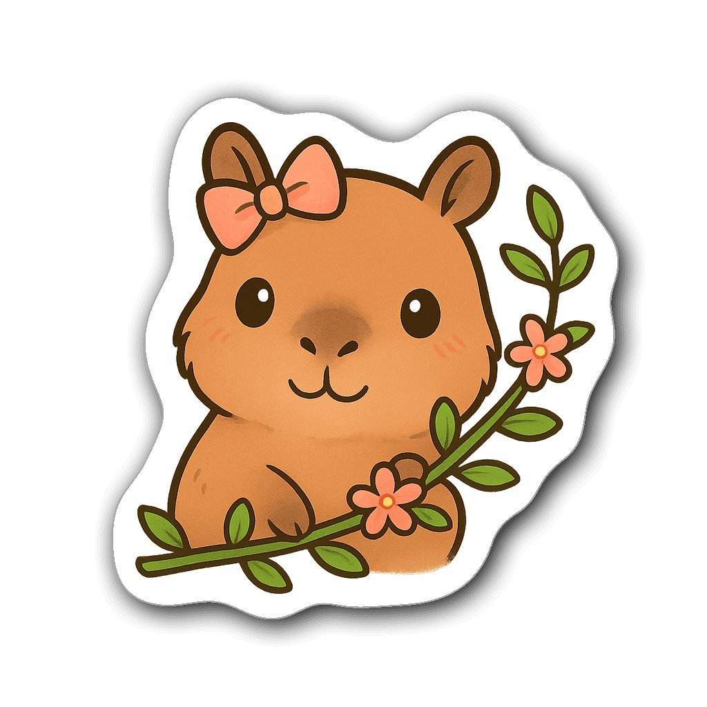 Chibi capybara with a bow peeking from behind vines and flowers